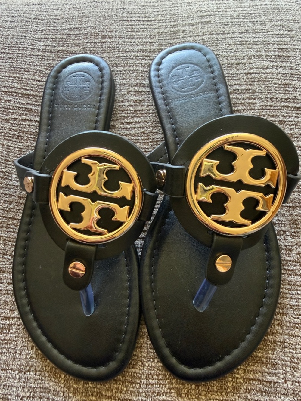 Tory Burch Black Leather Sandals with Gold Logo Discs